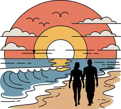 A couple walking on the beach at sunset vector