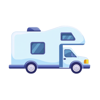 Cartoon style illustration of light blue camper van with rounded edges and windows, showcasing playful and adventurous vibe. vehicle is designed for travel and exploration png