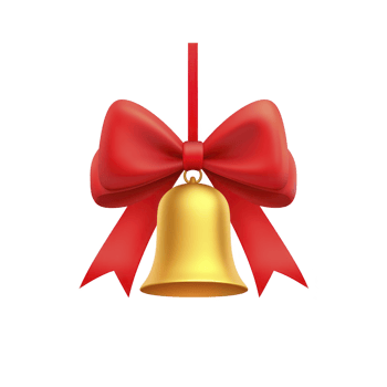 Golden bell with vibrant red bow is hanging, symbolizing festive cheer and holiday spirit. shiny bell and ribbon create joyful and celebratory atmosphere png