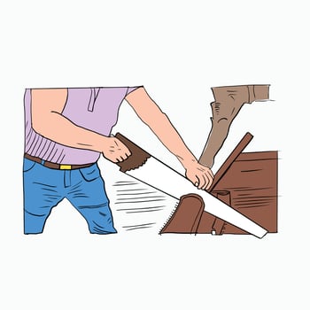 Man Sawing Wood. Woodworking with a Hand Saw. Carpenter Cutting Wood. Cartoon Style Illustration vector