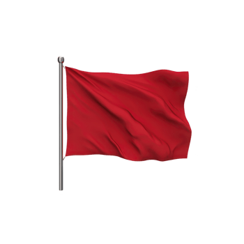 Red flag waves on silver pole against plain background, symbolizing caution or warning. fabric appears to be gently rippling in wind, creating sense of movement png