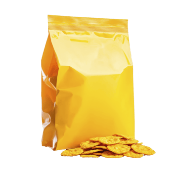 Bright yellow snack bag stands upright next to pile of crispy, golden chips, creating inviting and appetizing display png