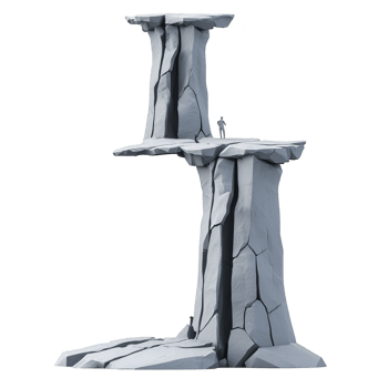 Tall, stylized rock formation with two levels, featuring sharp edges and cracked surface, stands against plain background. structure resembles natural stone pillar png