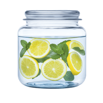 Glass jar filled with refreshing water, lemon slices, and mint leaves, creating vibrant and healthy drink. clear jar showcases bright yellow lemons and fresh green mint, evoking sense of freshness png