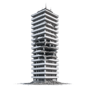 Tall, modern building with significant structural damage and debris, showing multiple floors collapsed inward, illustrating aftermath of disaster or demolition png