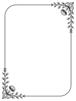 Simple black floral corner border design with hand-drawn leaves and flowers for page decoration vector