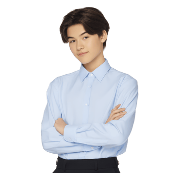 Confident young man in light blue shirt stands with arms crossed, exuding calm and composed demeanor. neutral background highlights his poised expression png