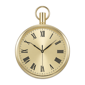 Classic gold pocket watch with Roman numerals and round face, exuding elegance and timeless style. watch features loop at top for attaching chain png