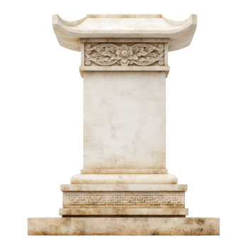 Decorative stone pedestal with intricate floral carvings and pagoda style top, showcasing elegant craftsmanship and weathered appearance png