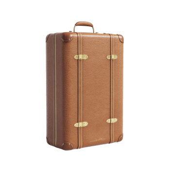 Vintage brown leather suitcase with brass hardware and sturdy handle, evoking sense of classic travel style. textured surface and reinforced corners add durability and charm png