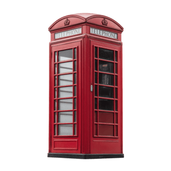 Classic red British telephone booth stands isolated, showcasing its iconic design with glass panels and domed roof. This nostalgic symbol evokes sense of history and charm png