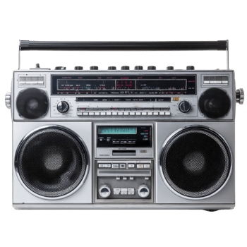 Vintage silver boombox with dual speakers, numerous control knobs, and cassette player evokes nostalgia. retro design highlights its classic appeal and functionality png