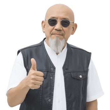 Bald man with white beard wearing sunglasses and leather vest gives thumbs up gesture, exuding confidence and positivity png