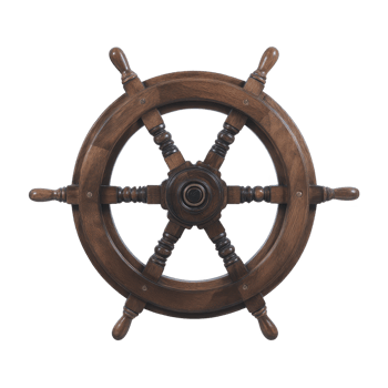 Vintage wooden ship wheel with classic nautical design, featuring eight spokes and polished finish, evokes sense of adventure and maritime history png