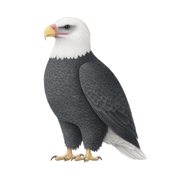 Majestic bald eagle with white head and tail, dark brown body, and yellow beak stands proudly, symbolizing strength and freedom. Its sharp gaze and detailed feathers are striking png