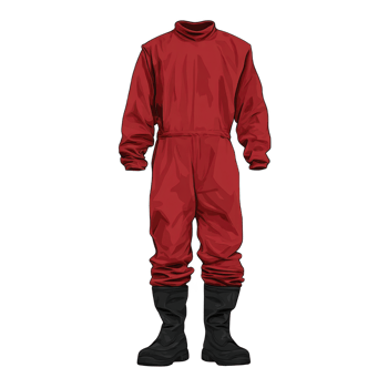 Red protective suit with black boots, designed for safety and durability, is displayed against plain background. suit features long sleeves and high collar, suitable for various environments png