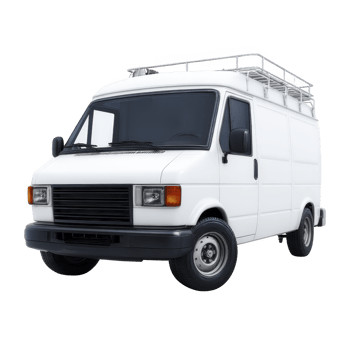 White cargo van with roof rack is parked, showcasing its utility and spacious design. vehicle is ideal for transporting goods and equipment efficiently png