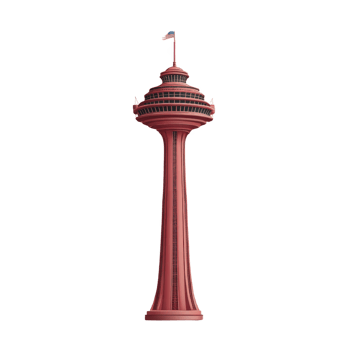 Tall, red observation tower with futuristic design stands against transparency background, featuring circular observation deck and flag on top png