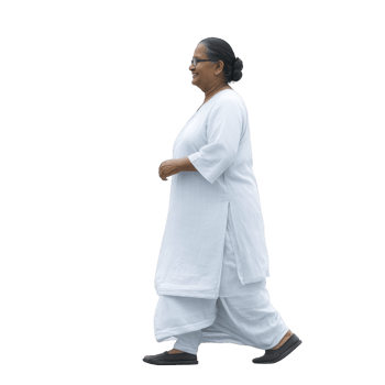 Elderly woman walking confidently in traditional white attire, exuding calmness and grace. Her serene expression and composed demeanor reflect sense of peace and wisdom png