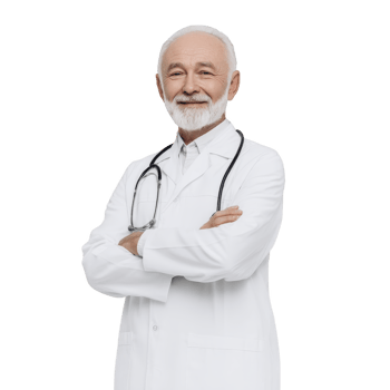 Elderly male doctor with white beard and stethoscope stands confidently in white coat, arms crossed, exuding professionalism and warmth png