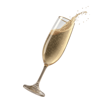 Champagne flute filled with sparkling wine, elegantly tilted with bubbles rising and liquid splashing out, creating festive and celebratory mood png