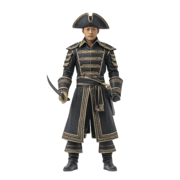 Person dressed in elaborate pirate costume stands confidently, featuring tricorn hat, ornate coat with gold detailing, and holding sword. attire exudes historical and adventurous vibe png
