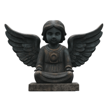 Dark stone angel statue with wings sits in meditative pose, exuding sense of calm and serenity. intricate details of wings and serene expression add to its mystical aura png