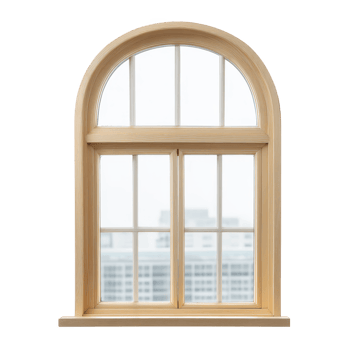 Arched wooden window with clear glass panes offers view of cityscape, blending classic design with modern architecture png