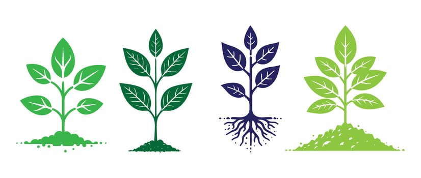 Set of growing plant icons with soil and roots showing stages of nature growth perfect for eco farming gardening agriculture and sustainability vector