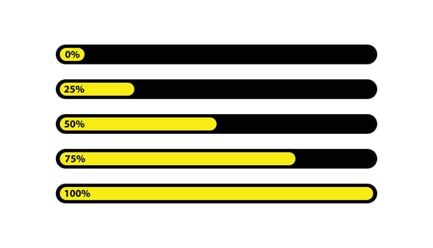 Yellow and black progress bar illustration highlighting percentage completion from 0 to 100. A clear visual representation for activity monitoring and goals achievement tracking. vector