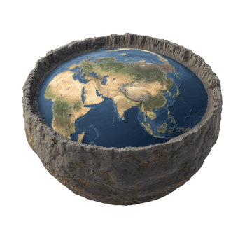 This depicts conceptual illustration of flat Earth model, showing cross section with visible continents and oceans surrounded by rocky edge. artwork creatively challenges traditional spherical png