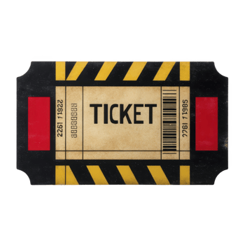 Vintage style ticket with black and yellow striped border and red accents, featuring word TICKET prominently in center. design evokes sense of nostalgia png