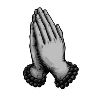 Praying hands illustration with rosary beads, symbolizing spirituality and devotion. grayscale design emphasizes peace and reflection png