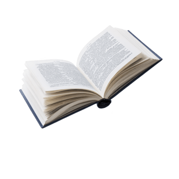 Open book with visible text on its pages, lying flat and slightly curved, showcasing its white pages and black text. book appears to be hardcover with simple design png