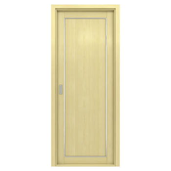 Wooden sliding door with light finish and sleek design, featuring metal handle and frame, perfect for modern interiors. door minimalist style adds elegance to any space png