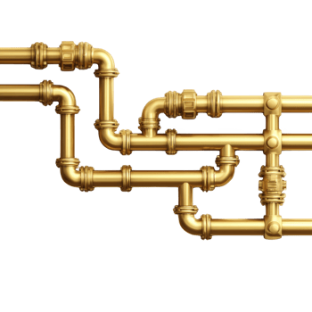 Golden pipes with intricate connections form complex network against transparency background, showcasing industrial design and engineering precision. metallic shine adds luxurious touch png