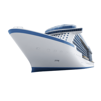 Large, modern cruise ship with sleek design and blue accents is shown from low angle, emphasizing its grandeur and luxury. ship multiple decks and windows suggest spacious accommodations png
