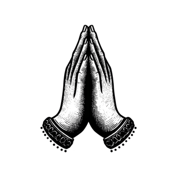 Praying hands illustration with detailed line art, showing two hands pressed together in gesture of prayer or gratitude, surrounded by decorative border png