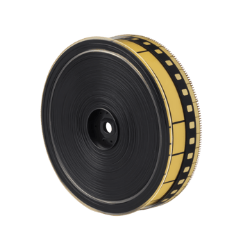 Vintage film reel with black and yellow design, showcasing classic cinema aesthetics. reel is circular with visible film strip holes, evoking nostalgia for traditional filmmaking png