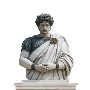 Marble statue of Roman emperor stands with solemn expression, draped in toga and adorned with intricate armor. detailed craftsmanship highlights historical significance and artistic elegance png