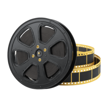 Black film reel with golden filmstrip evokes sense of nostalgia and classic cinema. reel is detailed and shiny, symbolizing art of filmmaking and storytelling png