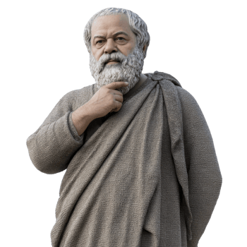 Thoughtful statue of ancient philosopher with contemplative expression, wearing textured robe. figure hand is raised to chin, suggesting deep reflection and wisdom png