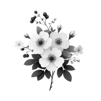 Grayscale illustration of floral arrangement features detailed flowers and leaves, creating elegant and artistic design. monochrome palette adds classic and timeless feel png