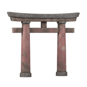 Traditional Japanese torii gate with weathered red pillars and black top beam, symbolizing entrance to sacred space. rustic appearance adds sense of history and cultural significance png