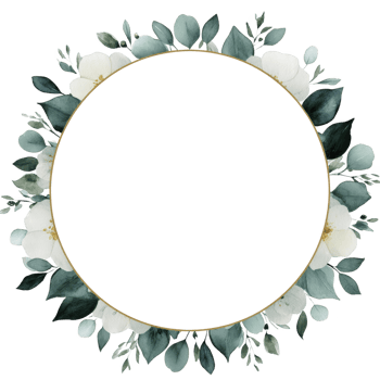 Circular floral frame with white flowers and green leaves creates elegant and natural border. design features gold outline, adding touch of sophistication, perfect for invitations or announcements png