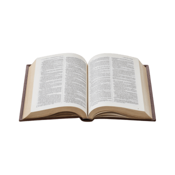 Open book with visible text on its pages, resting on flat surface. book cover is brown, and pages are slightly yellowed, indicating age. text is printed in clear, readable font png