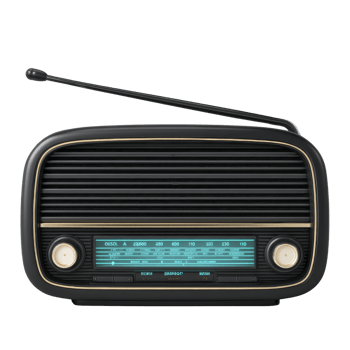 Vintage black radio with antenna and illuminated frequency display evokes nostalgia. classic design features two knobs and horizontal speaker grille, capturing retro aesthetic png