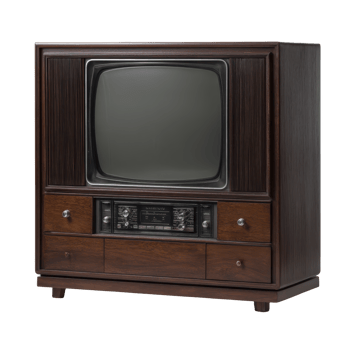Vintage wooden television set with classic design, featuring large screen and control knobs, evokes nostalgia. dark wood finish and retro style highlight mid 20th century aesthetics png
