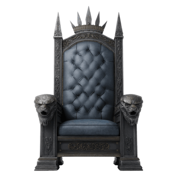 Majestic, gothic style throne with intricate carvings and dark blue upholstery, featuring ornate lion head armrests and spiked crown design, exuding regal and mysterious aura png