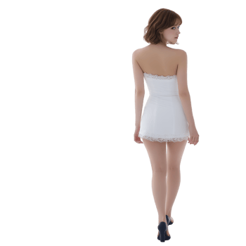 Woman in white strapless dress with lace trim stands with her back turned, wearing black high heels. dress is short and fitted, highlighting chic and elegant style png